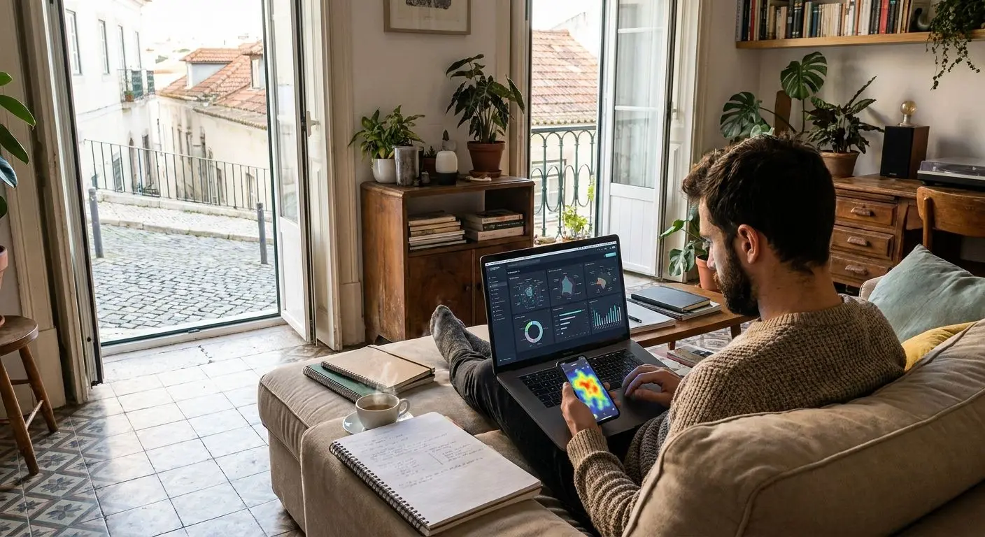 Utilizador em casa com portátil e telemóvel a consultar plataformas de apostas online