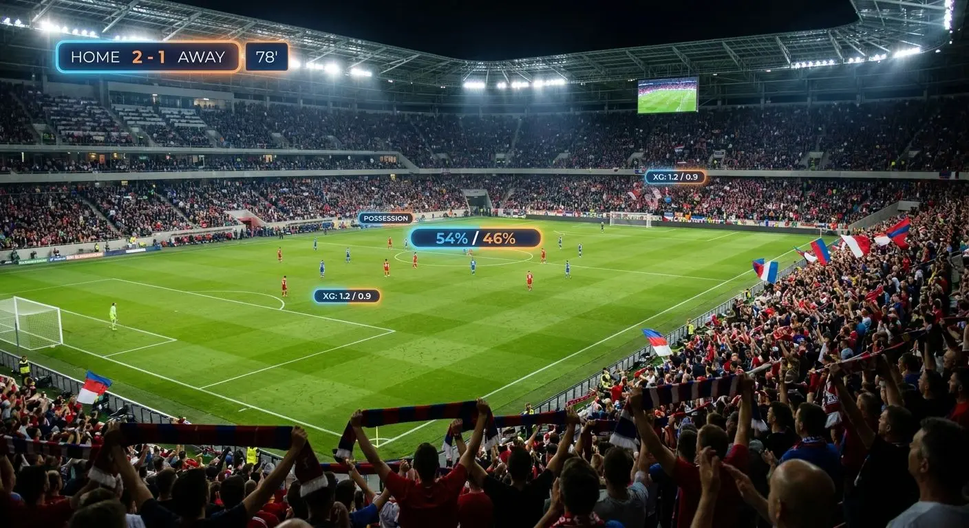 Jogo de futebol com sobreposição visual de mercados e estatísticas desportivas