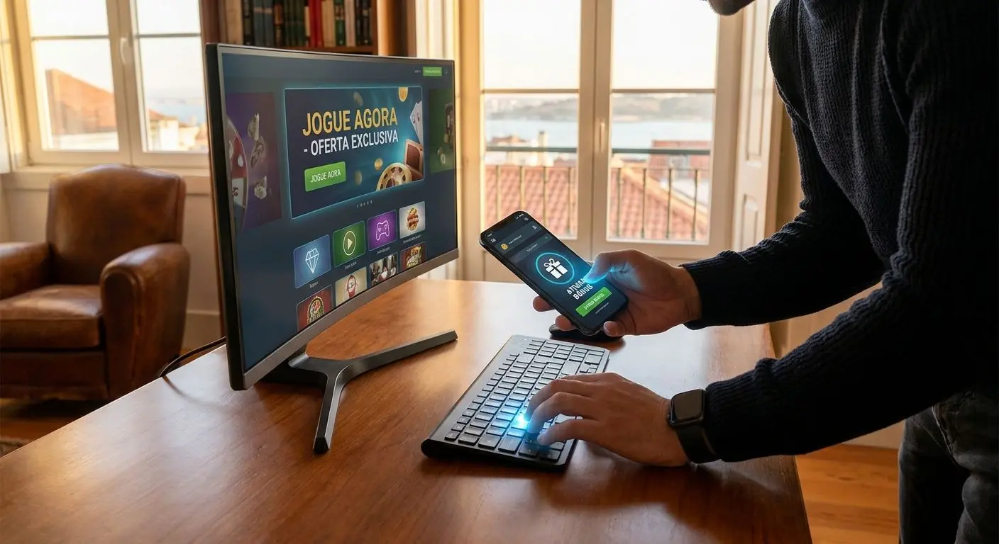 Activação de bónus numa plataforma digital Utilizador a activar uma promoção digital no computador e telemóvel