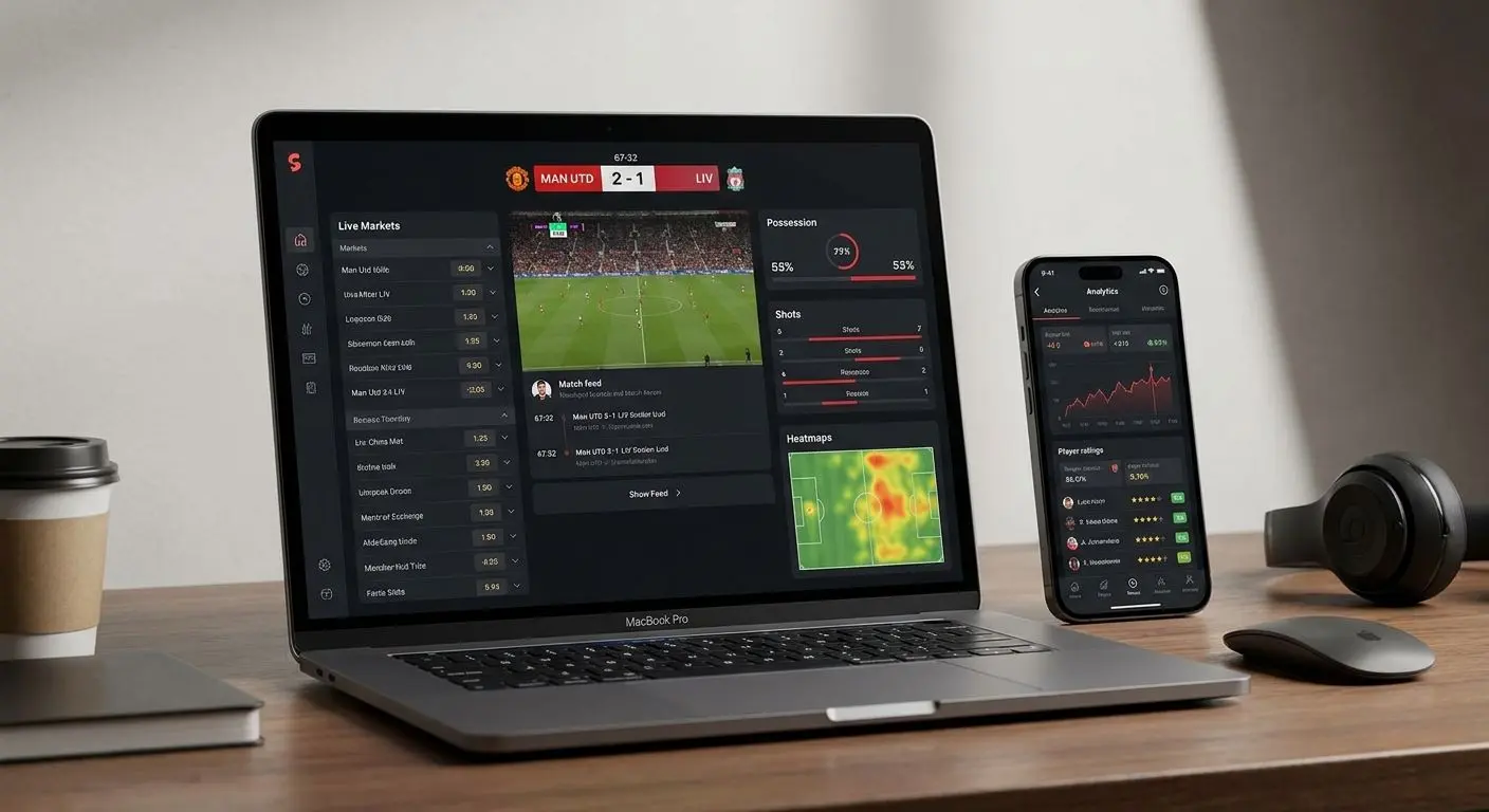Interface de futebol em direto com marcador e mercados ao vivo