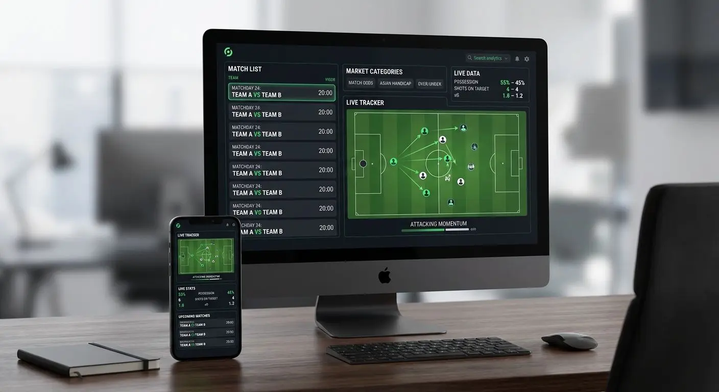 Interface de futebol no desktop e telemóvel com jogos e dados em direto