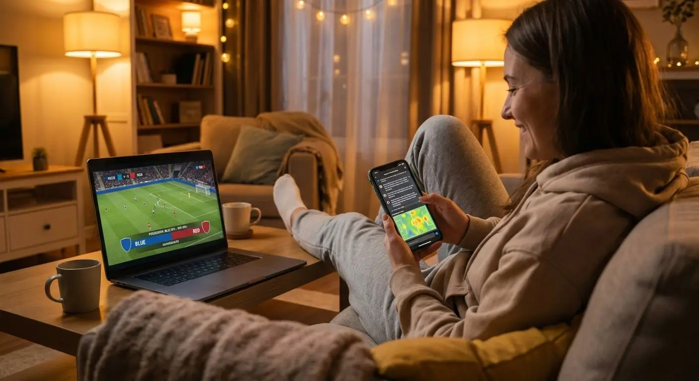 Adepto a ver jogo de futebol em casa no portátil e no telemóvel