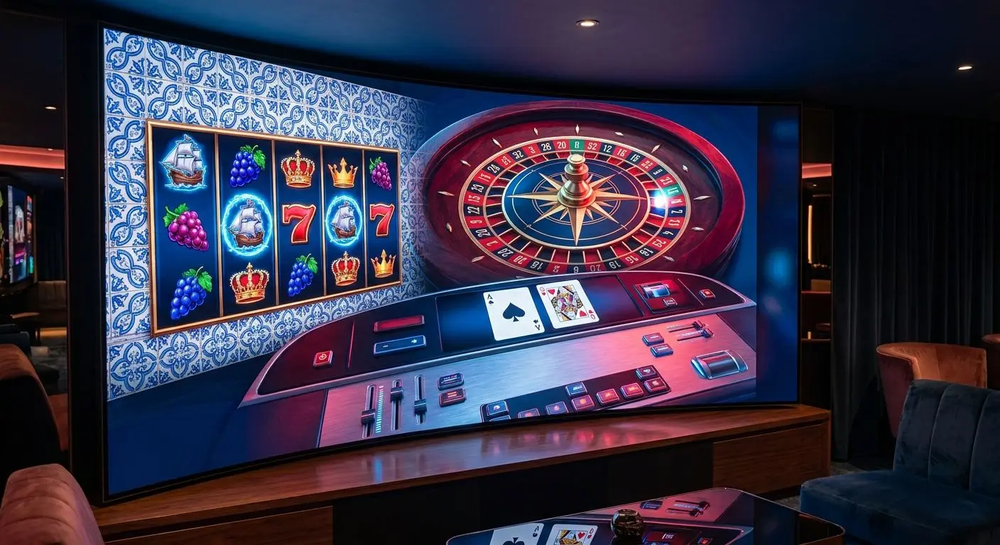 Ecrã com vários jogos online inspirados em slots, roleta e cartas