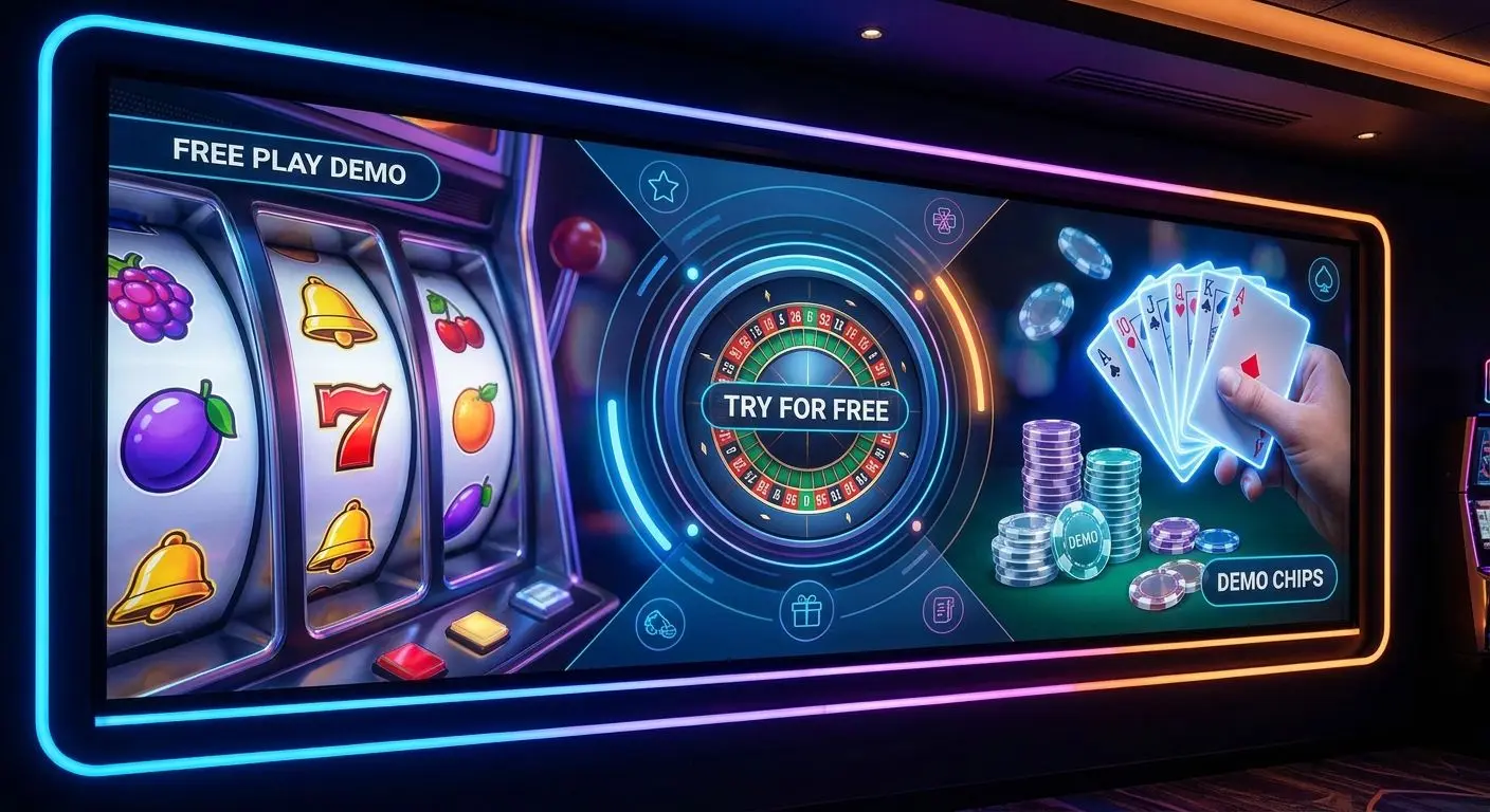 Mosaico de slots, roleta e cartas em modo demo