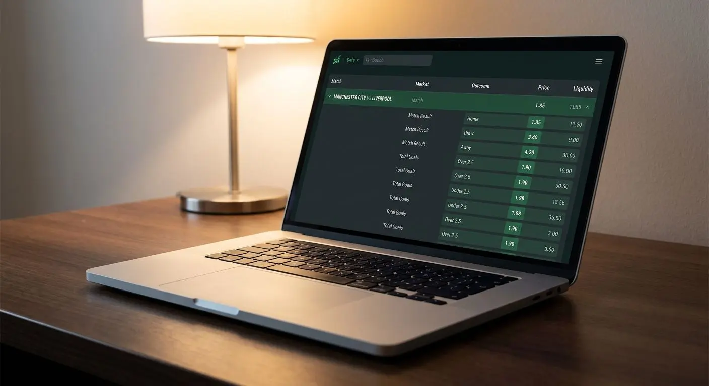 Ecrã com mercados de futebol e cotações numa interface limpa e profissional