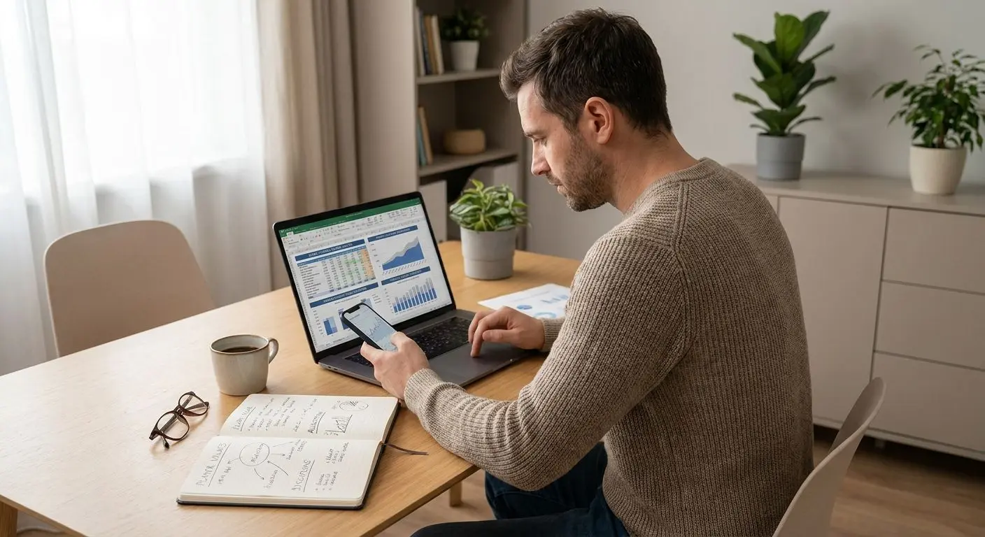 Utilizador a analisar cotações com portátil, telemóvel e bloco de notas