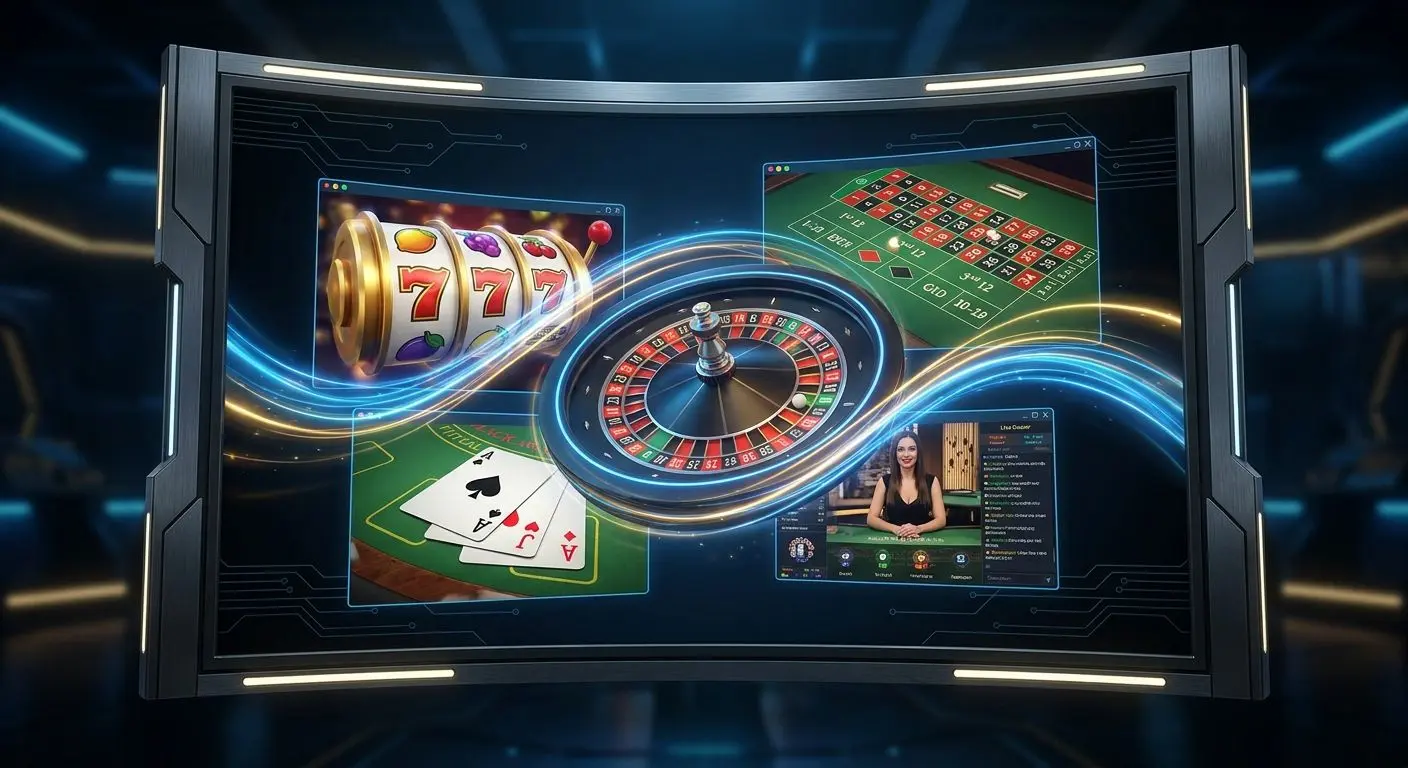 Seleção de jogos com slots, roleta, blackjack e mesas em direto