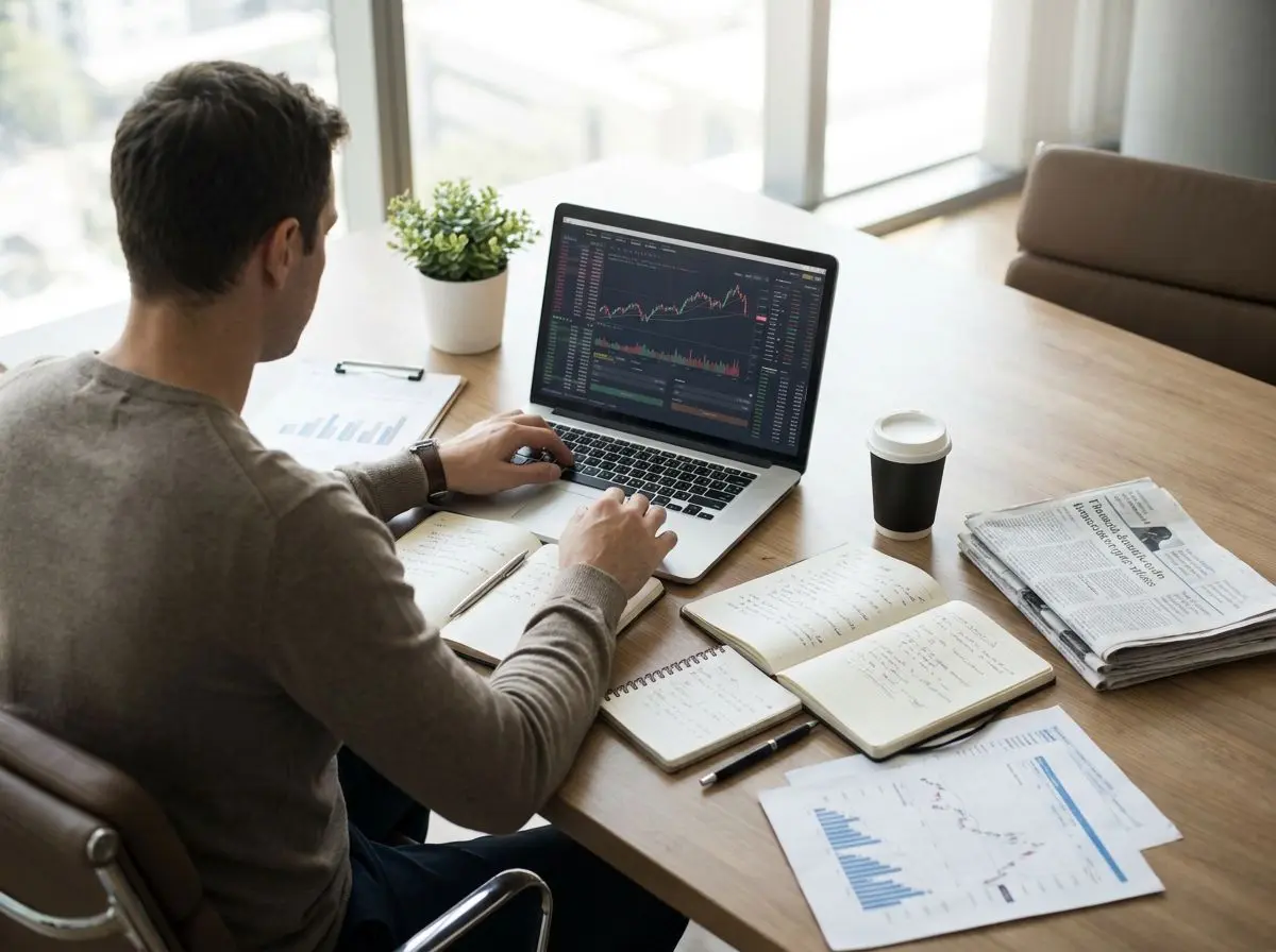 Analista a estudar o mercado digital Analista genérico a trabalhar num escritório com portátil e notas