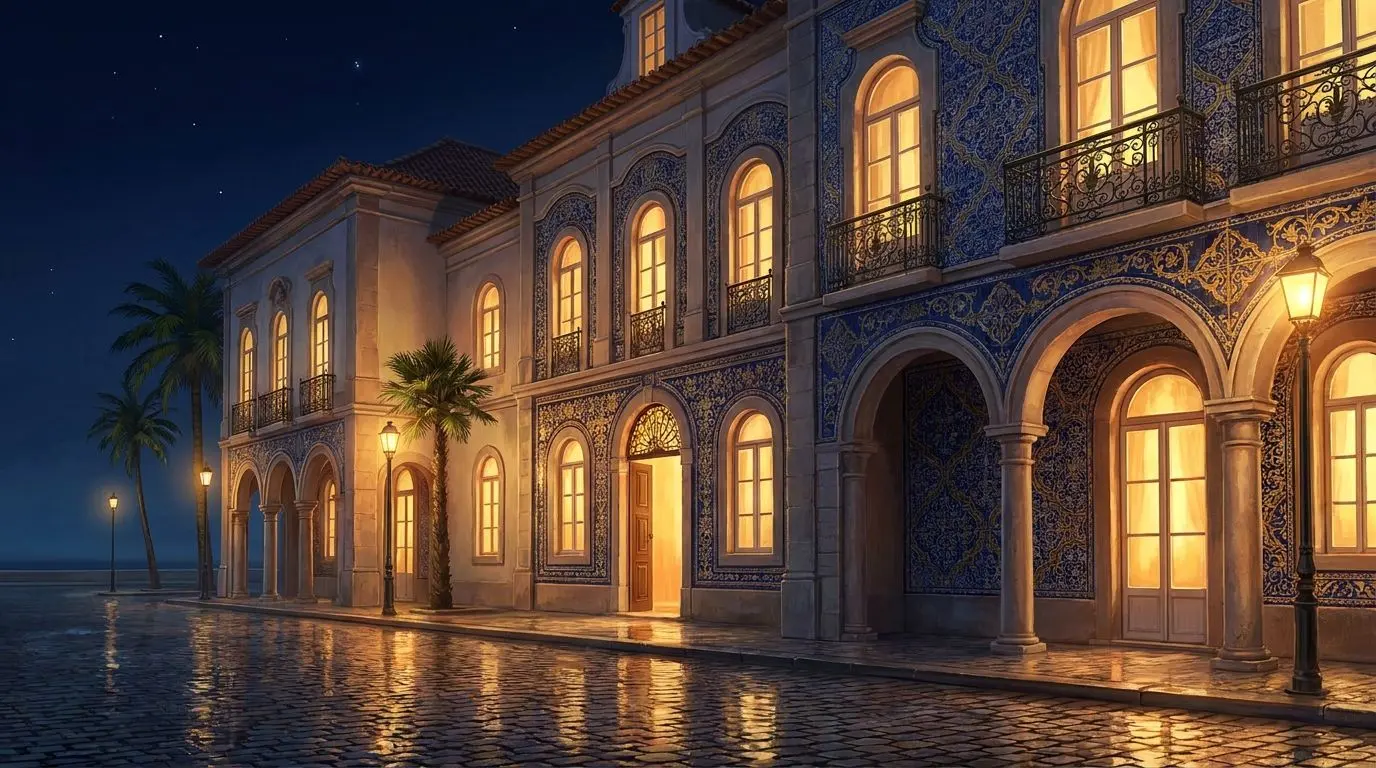 Fachada estilizada em Portugal Fachada estilizada de espaço de entretenimento em Portugal à noite