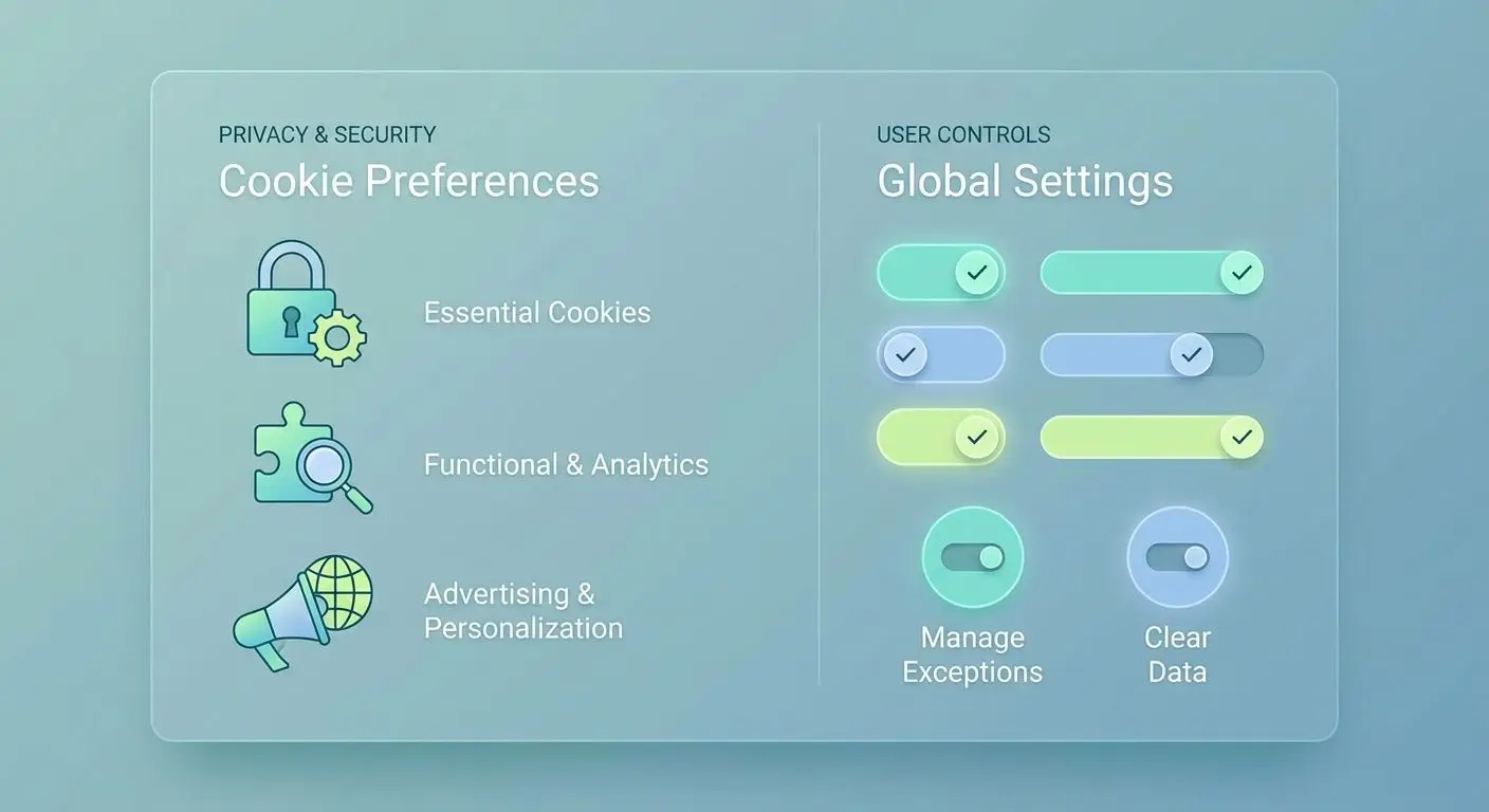 Esquema de tipos de cookies e opções de controlo pelo utilizador