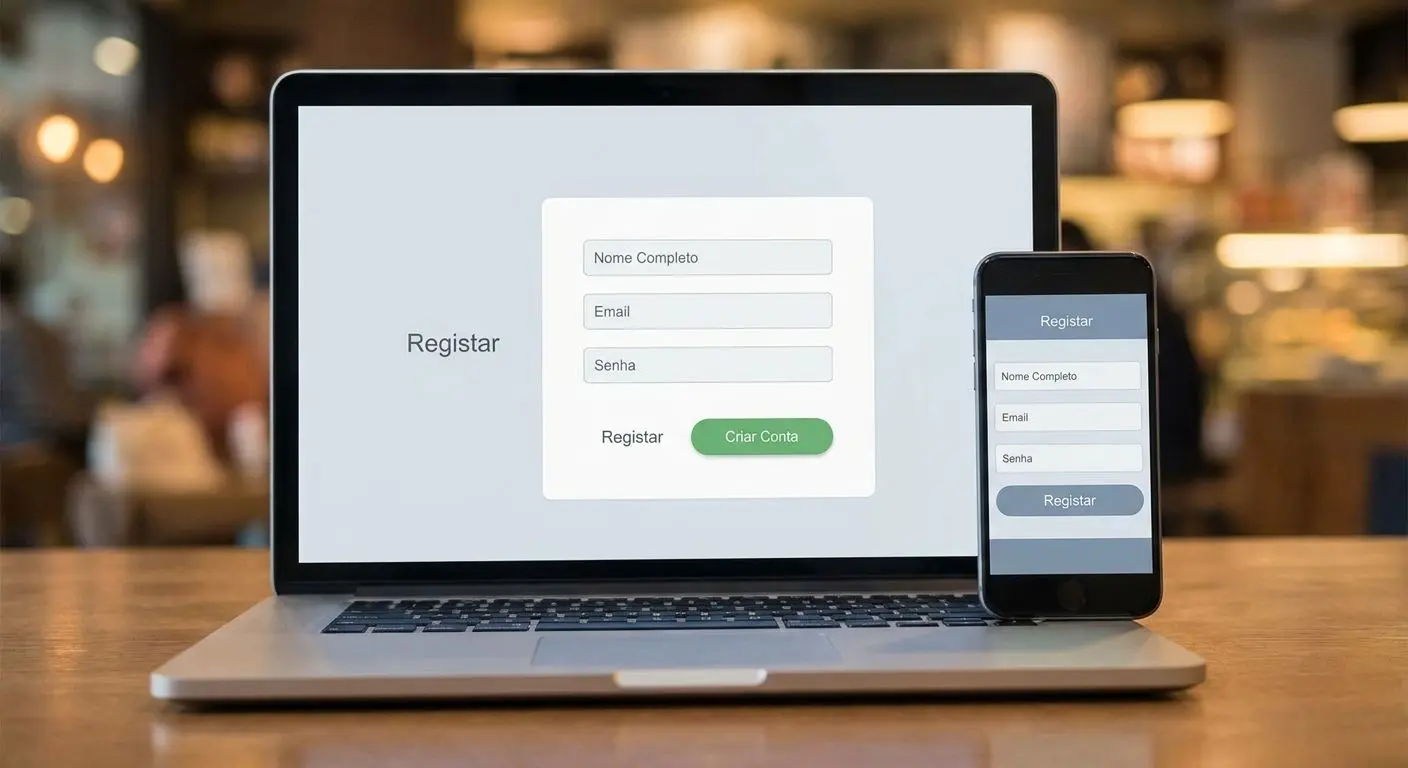 Interface de registo online em desktop e telemóvel