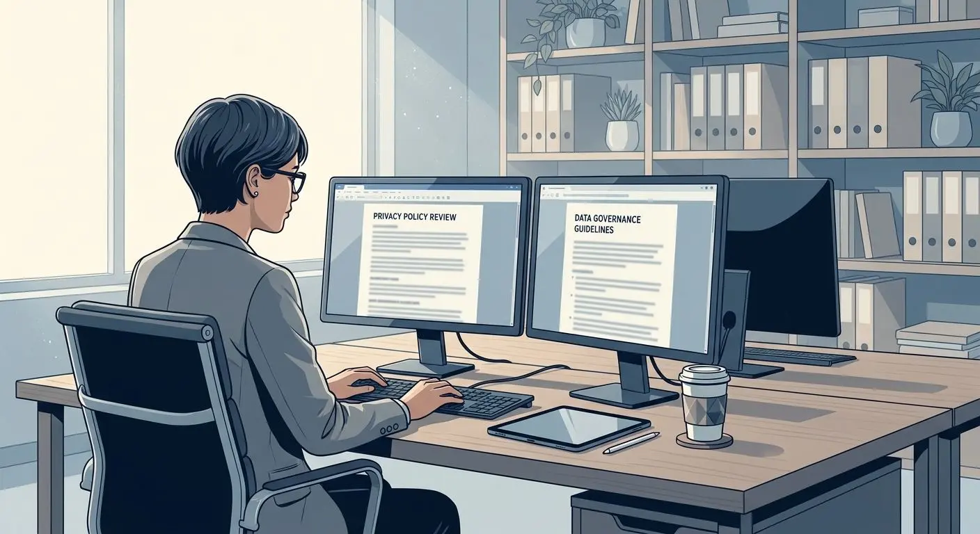 Ilustração neutra de analista de conteúdo a rever políticas de privacidade