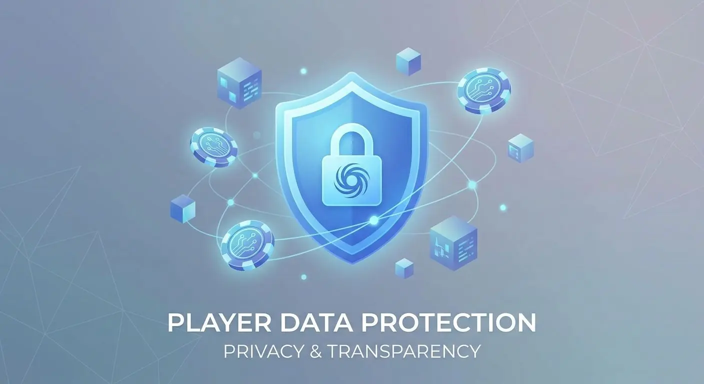 Ilustração de proteção de dados do jogador com escudo e ícones de privacidade