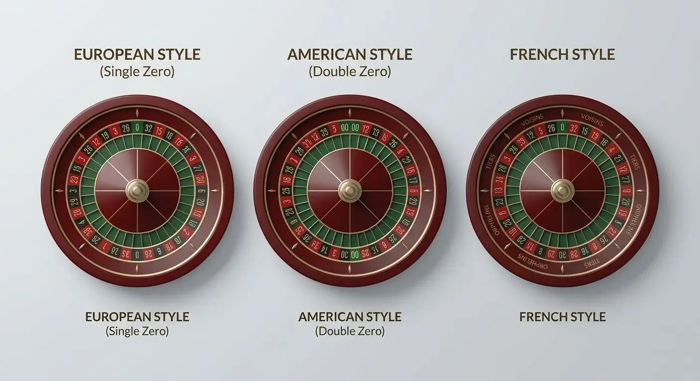 Comparação entre roleta europeia, americana e francesa Comparação visual entre variantes de roleta com diferentes zeros