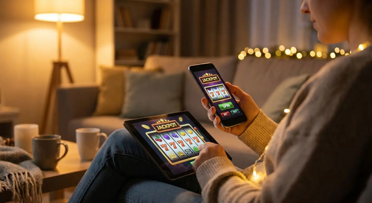 Slots online Solverde em dispositivos móveis Utilizador a jogar slots online no telemóvel e tablet