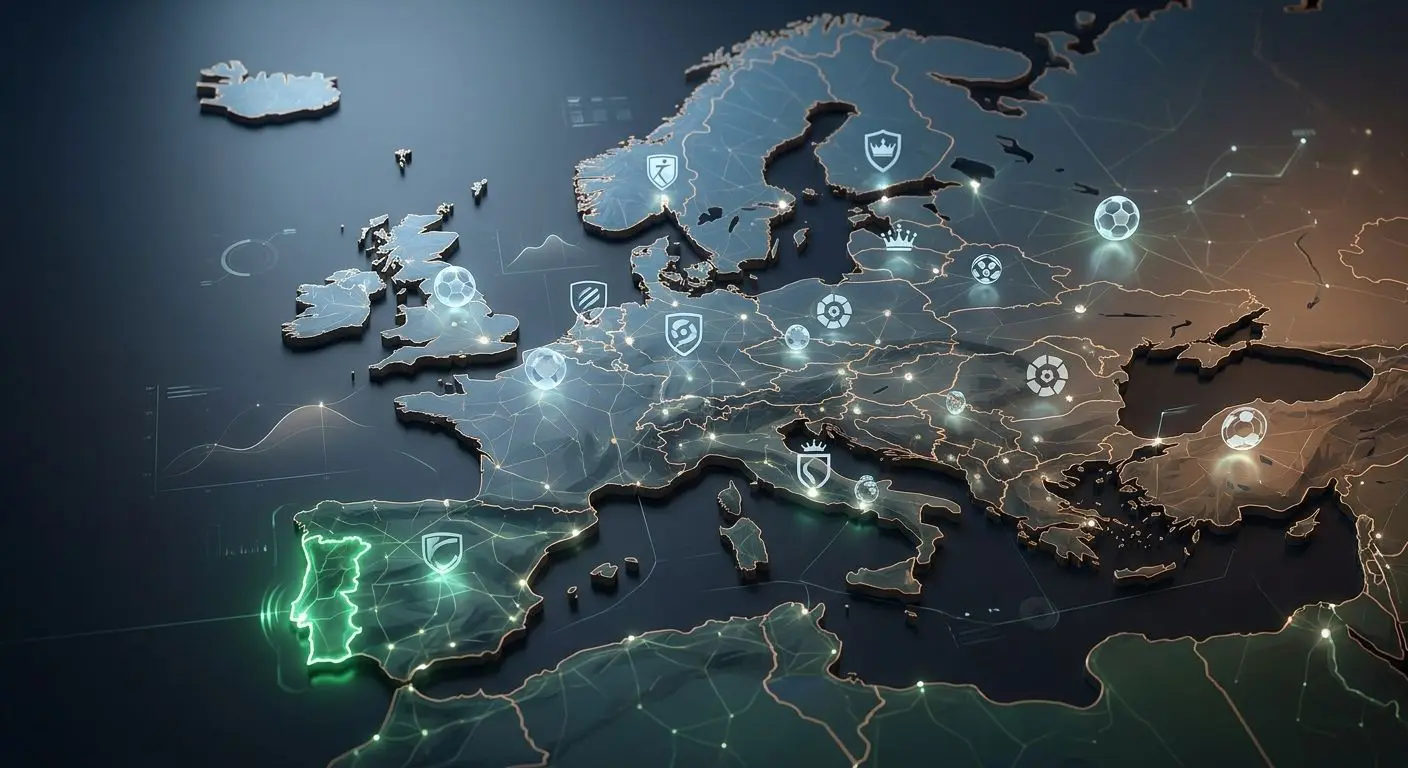 Competições de futebol online com foco em Portugal Mapa da Europa com destaque para Portugal e competições de futebol