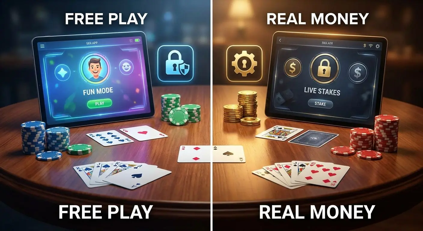 Comparação visual entre video poker grátis e modo a dinheiro real