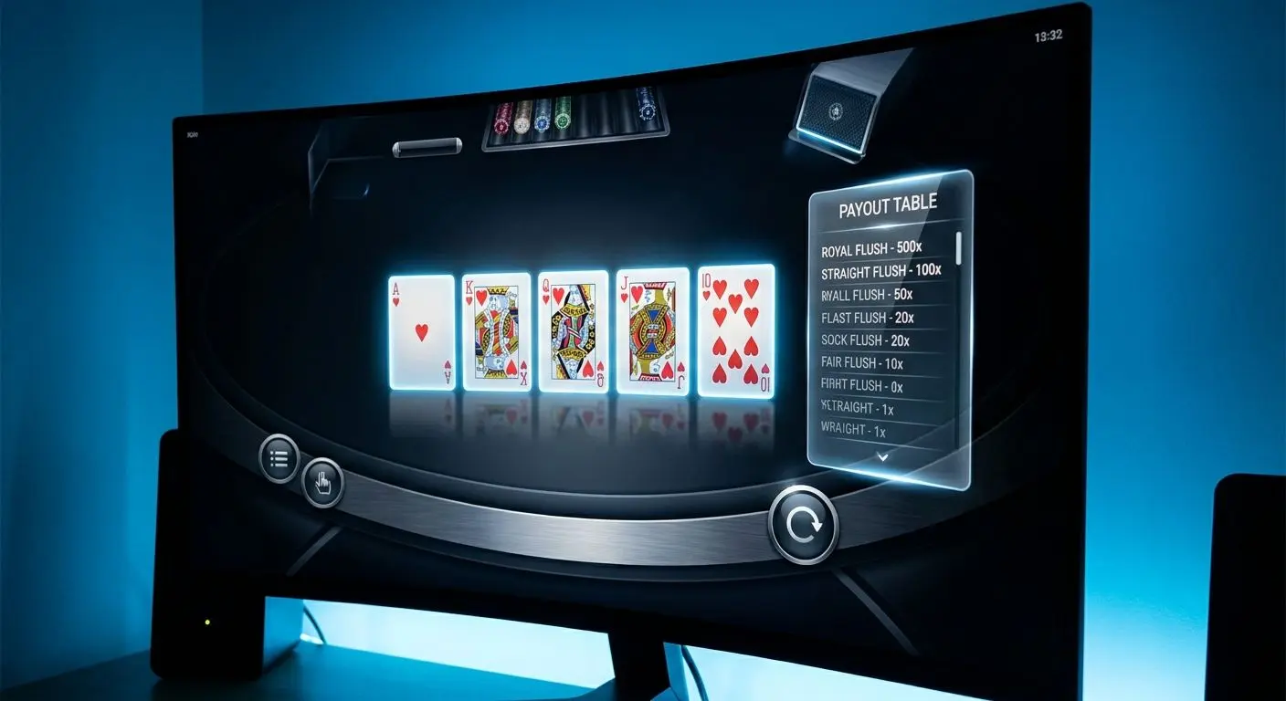 Interface de video poker com cartas e tabela de pagamentos